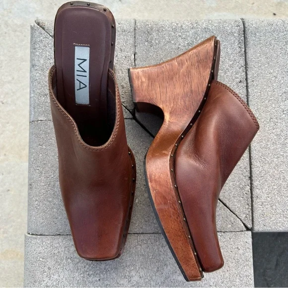 MIA Wooden Leather Studded Platform Heel Mule Clog Shoes Brown 10 - Picture 3 of 16